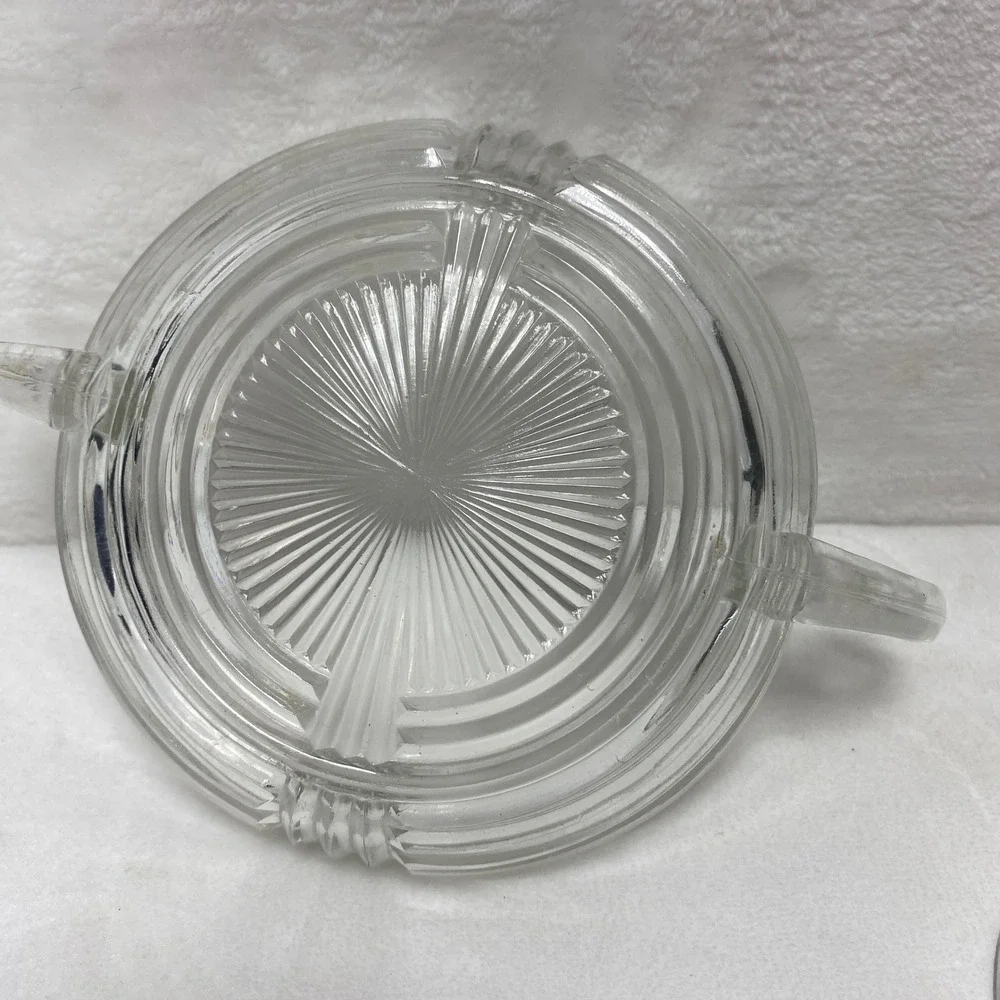 VTG Clear Glass Round Covered Candy Dish with Handles Sunburst‎ Pattern Lid
